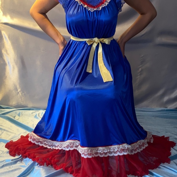 Vtg silky sissy Snow White Blue Frilly Nightgown Db chiffon lace Gown - Picture 2 of 12